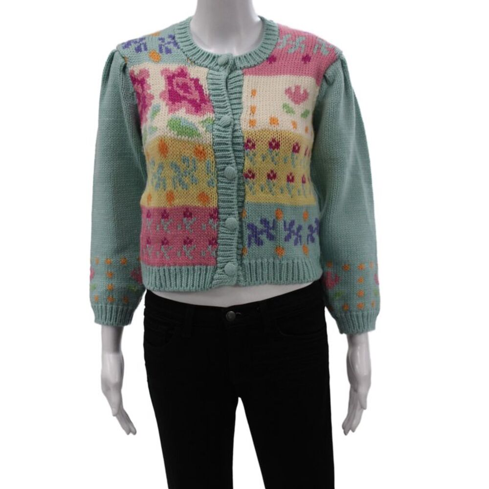 Tach Clothing Womens Merino Wool Floral Cardigan Green Crew Neck Size XS
